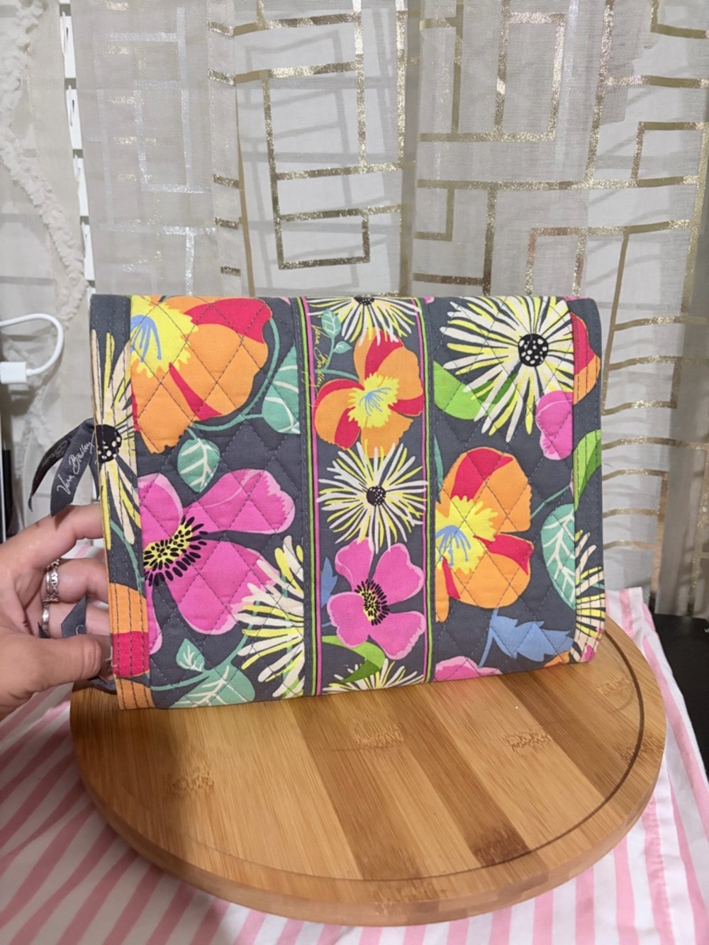 Vera Bradley Gray Quilted Cosmetic Clutch with Bright Floral Print